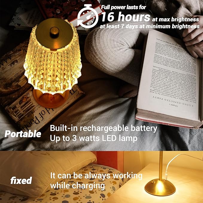 Cordless Table Lamp, 4000mAh Rechargeable Battery Operated Lamp, 3 Color Modes & Stepless Dimmable LED Touch Lamp, Portable Crystal Metal Beside Lamps for Bedroom Restaurant Outdoor(Gold)
