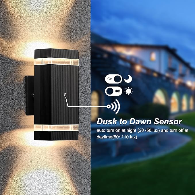 LMP 4 Packs Dusk to Dawn Outdoor Lighting, Wall Sconce with 5w LED Bulbs, Outside Lights for House IP65 Waterproof Aluminum Up and Down Outdoor Lights for House, Garage, Porch, Doorway