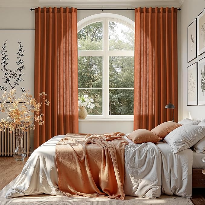 Nanspring Rust Linen Curtains 84 Inch Length 2 Panels Set for Living Room Light Filtering Semi Sheer Curtain Back Tab Rod Pocket Vintage Rustic Luxury Home Decor Drapes for Bedroom Office 52x84