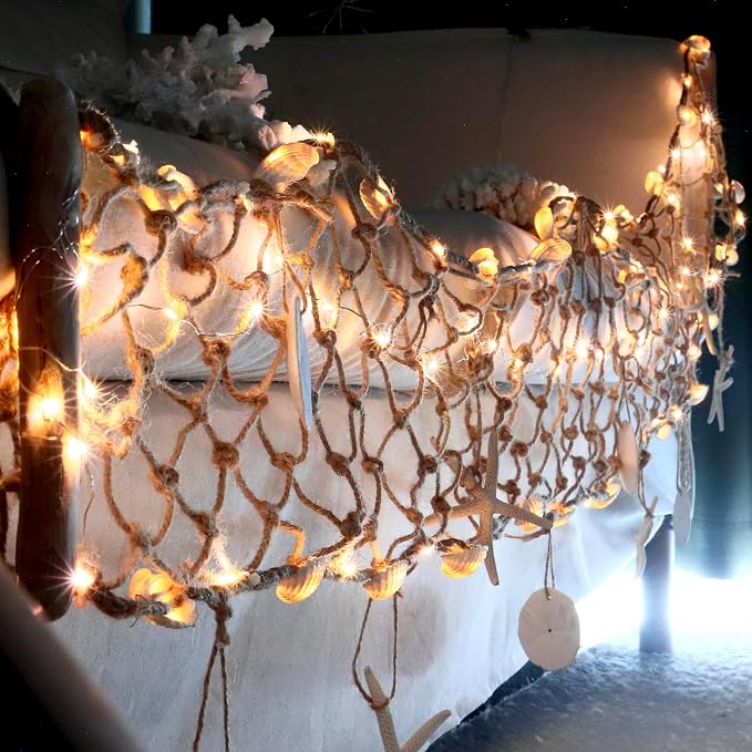 Seashell Garland 6.0FT (Length) × 0.5FT (Height) Rectangular Net Lights Beach Decor USB Battery Operated Ocean Light with Real Starfish Sand Dollars - Magic Conch Shell Beach Decorations for Home