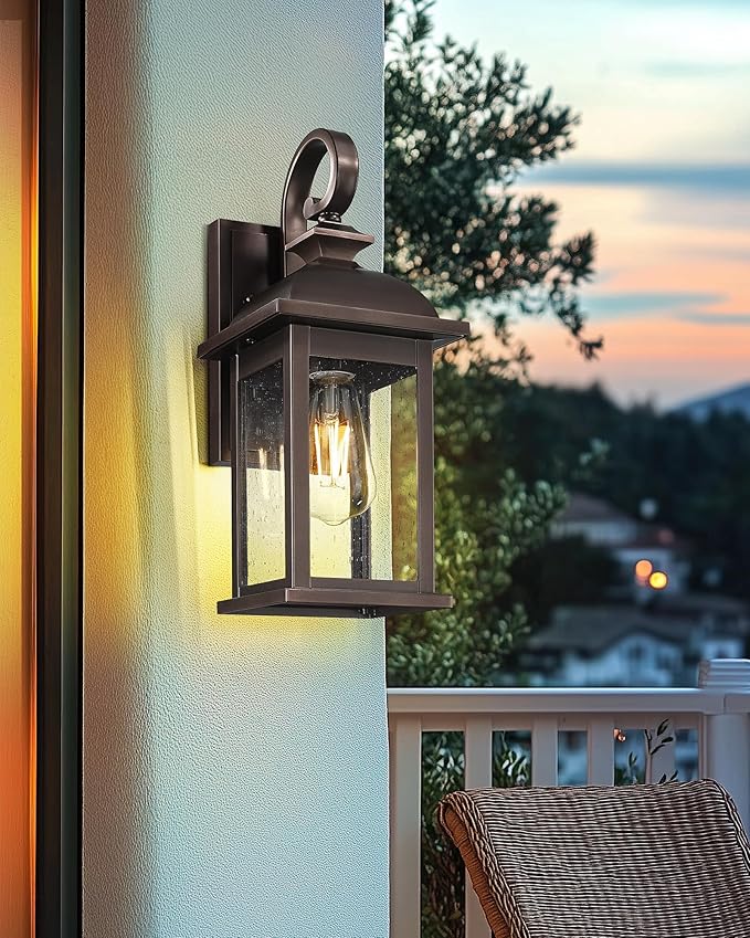 FEMILA 2-Pack Outdoor Wall Sconce Lights Oil Rubbed Bronze, 15" Exterior Outdoor Light Fixtures Wall Mount with Seeded Glass, for Front Porch Patio Garage, 4FD54B-2PK ORB