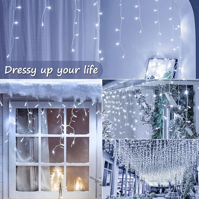 Icicle Lights Outdoor Decorations 300 LED 33ft 8 Modes Curtain Fairy String Light with 50 Drops, LED String Light Indoor for Wedding Party Holiday Christmas Decorations,White