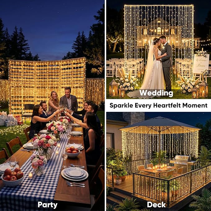 suddus Curtain Lights for Bedroom, 300 Led 9.8x9.8ft Curtain Lights for Backdrop, Curtain String Lights for Christmas, Dorm, Wall, Backdrop, Window, Wedding, Party, Birthday, Warm White（Plug in）