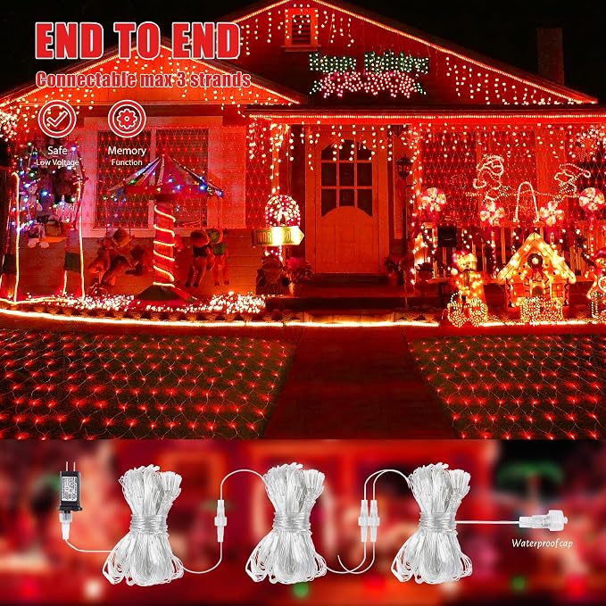 HEYFUNi Net Mesh String Lights, 360LED Red Light Bulbs, 8 Lighting Modes, for Indoor Outdoor, Curtain, Christmas Tree, Bush, Party, Wedding, Fairy, Wall Decor (13 ft x 5 ft,Red)
