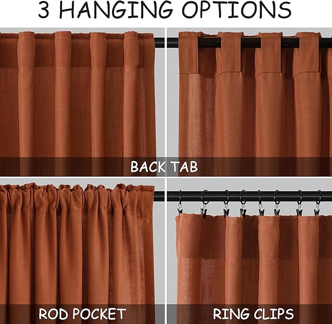 Terracotta Linen Curtains 102 inches Long 2 Panels for Living Room Extra Long Back Tab Semi Sheer Rustic Farmhouse Boho Curtains Ceiling to Floor Length 102 inch for Large Window Rust Colored