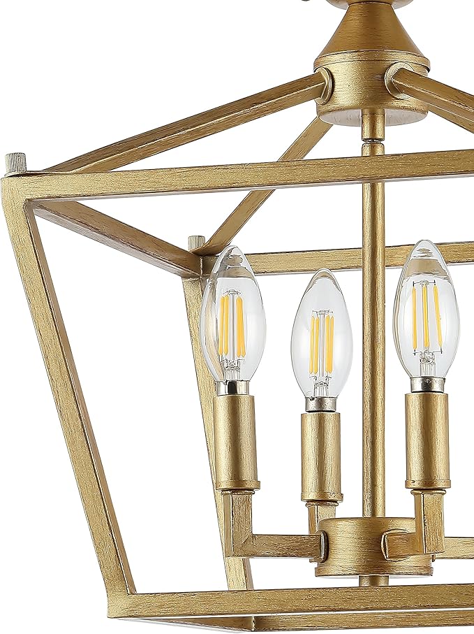 JONATHAN Y 12" Brass Gold Modern Farmhouse Pagoda 4-Light LED Semi Flush Mount Lantern, Metal Ceiling Light Fixture for Kitchen, Hallway, Entryway, Bedroom, Hardwired (JYL7610B)