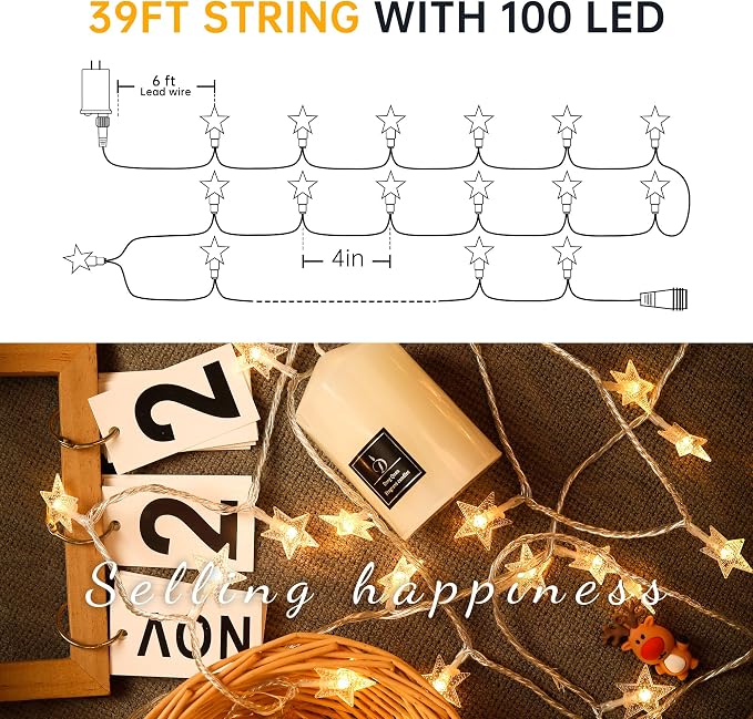 HEYFUNi Warm White Star String Lights,39FT 100LED Plug in Fairy Twinkle Lights with 8 Modes Waterproof for Indoor Christmas Tree, Home, Girls'Room, Garden, Party, Wedding, Classroom Decor(Warm White)