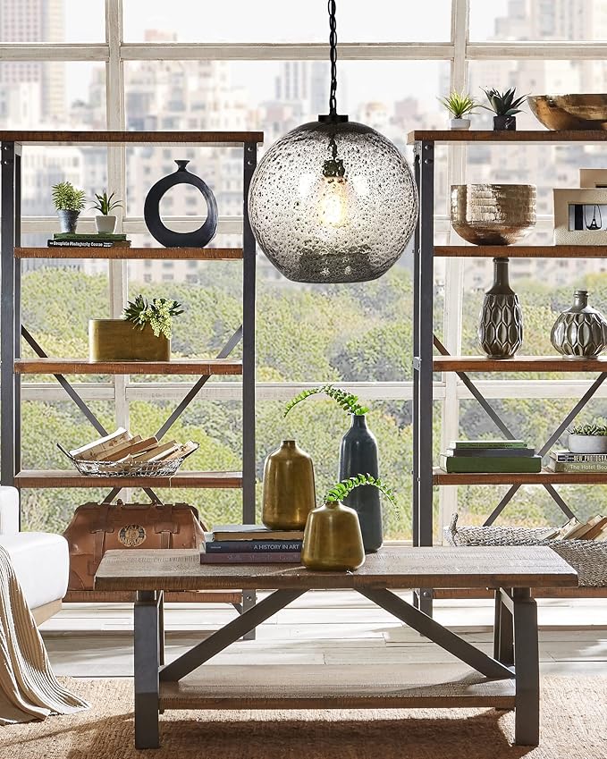 CASAMOTION Pendant Light Fixtures Hand Blown Glass Drop Ceiling Hanging Lighting Rustic Farmhouse Kitchen Island Clear Marble Large Globe Over Dining Room Table Entryway Hallway 15.6 Inch Height