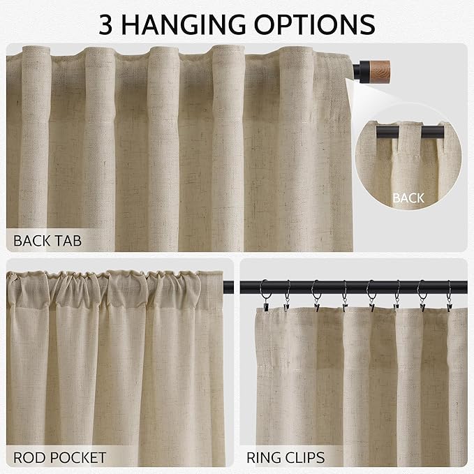 Eggshell Beige Linen Curtains for Living Room 98 Inches Long Light Filtering Semi Sheer Curtain Back Tab Rustic Farmhouse Decor Burlap Luxury Boho Drapes for Bedroom Dinner Room 52x98, 2 Panels