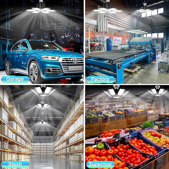Led Garage Lights 8 Pack 200W Super Bright Ceiling Led Shop Lights, E26/E27 Base, 6500K, 22000LM Deformable Garage Light Ideal for Basement, Attic and Workshop Commercial Bay Lighting