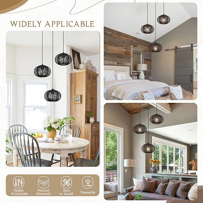 12" Boho Black 3-Light Boho Chandeliers for Kitchen Island Hand-Woven Boho Rattan Chandeliers Dimmable Adjustable Hanging Wicker Chandelier for Dining Room Living Room（Bulb Incl.）