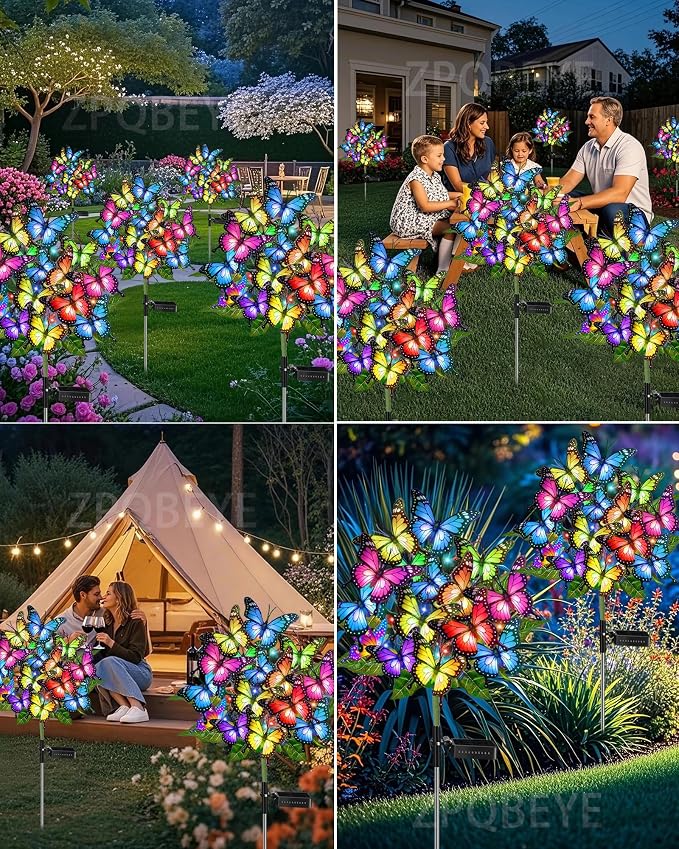 Solar Lights Outdoor Waterproof Decorative Solar Garden Lights Outside 4 Pack with 172 LED 68 Butterfly Flowers Garden Decor Yard Patio Lawn, Gifts for Women Mother's Day Mom