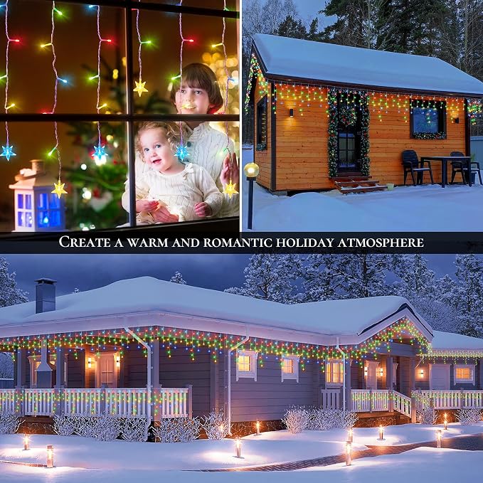 oopswow 200 LED Icicle Christmas Lights with Star,16.5FT Curtain Fairy Lights 40 Drops 8 Modes with Timer, Star Christmas Lights for Backdrop,Wedding,Patio,Christmas Decorations,Multicolor