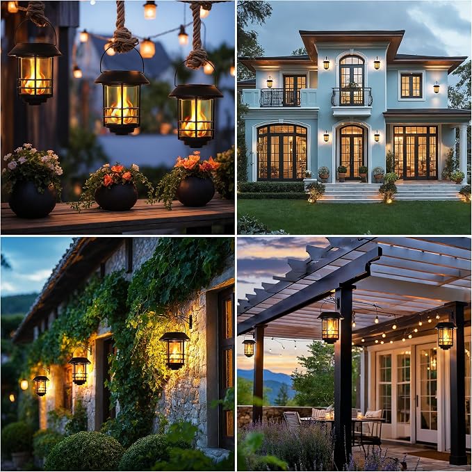 Otdair Solar Lanterns Outdoor Waterproof, 2 Pack Flickering Flames Wall Garden Decor , Hanging Solar Lights Wall Mount Decorations for Halloween, Front Porch, Patio, Yard
