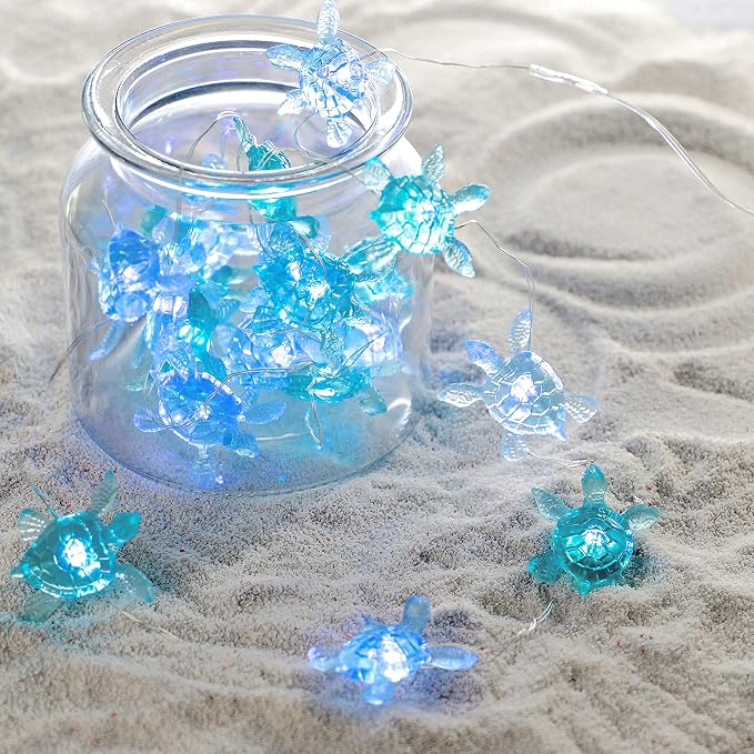 MIYA LIFE Blue Sea Turtle String Lights Battery Powered Summer Beach Decor with Remote Acrylic Sea Turtle Decor for Bathroom Shower Curtain