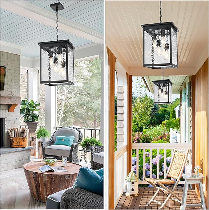 TODOLUZ Large 4-Light Outdoor Pendant Light Fixture, Exterior Hanging Porch Lighting with Hammered Glass for Foyer Entryway, Adjustable Long Chain & E26 Bulb Base