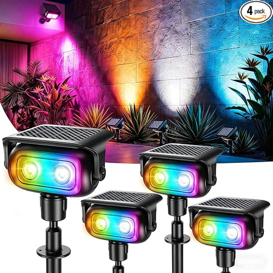 Brizled 4 Pack RGB Solar Spot Lights Outdoor, 360° Rotation 9 Colors & 11 Modes Color Changing Solar Spotlights Waterproof Outdoor Spot Landscape Lighting for Halloween Christmas Tree Yard Path Garden