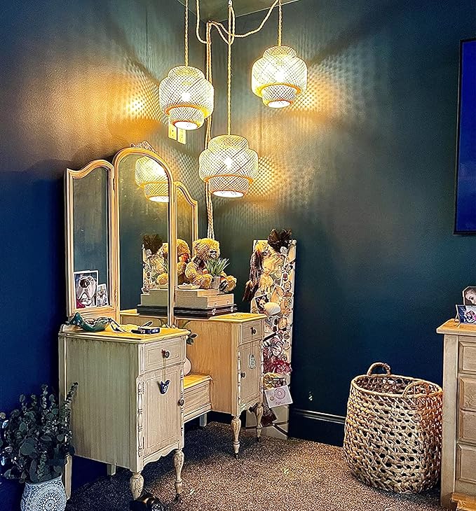Plug in Pendant Light Rattan Hanging Lights with Plug in Cord Bamboo Hanging Lamp Dimmable,Handmade Woven Boho Wicker Basket Lamp Shade,Plug in Ceiling Light Fixture for Living Room Bedroom Kitchen