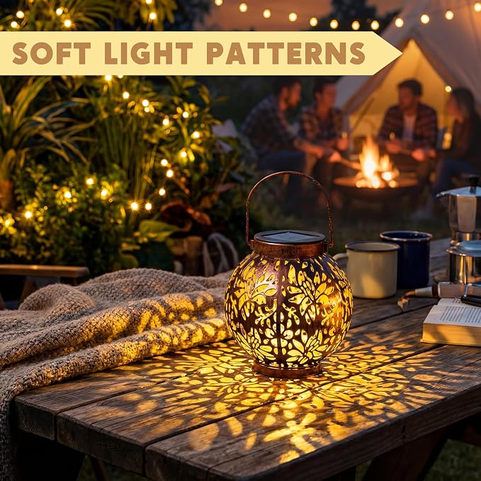 JOIEDOMI 2 Pack Outdoor Solar Hanging Lantern Lights, Waterproof Tabletop with Handle, LED Moroccan Lanterns, Metal Decorative Garden Solar Lights Spring for Patio, Lawn, Porch, Backyard