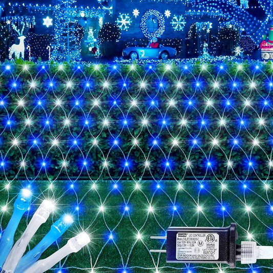 HEYFUNi 192 LED Net Lights Outdoor Mesh Lights,8 Modes Net Light for Bushes Plug in, Waterproof Christmas Net String Light for Bushes Ceiling Wedding Indoor Outdoor(9.8ft x 6.6ft,Blue White)