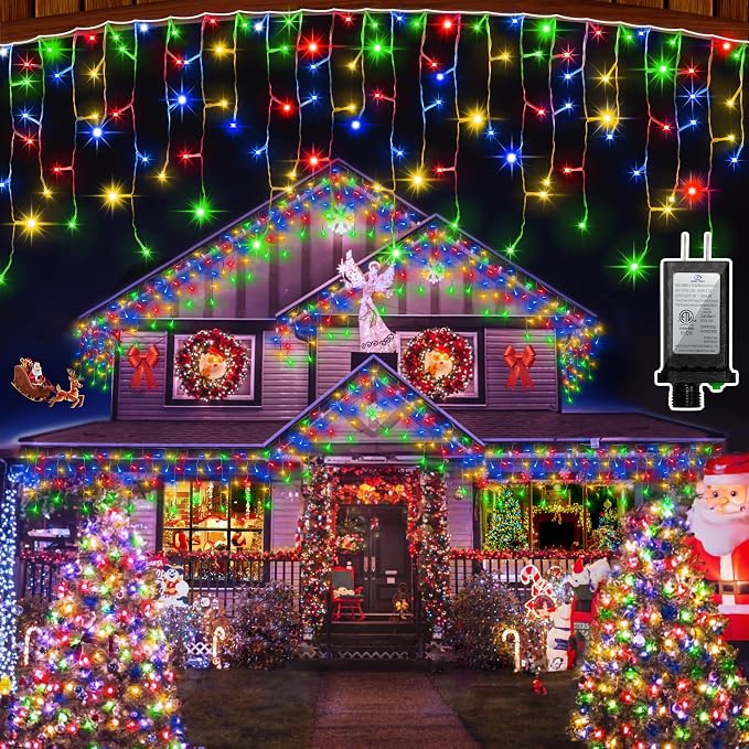 QUHUATU 792 LED Christmas Outdoor Lights with 176 Drops, 82ft Hanging Curtain Lights 8 Modes, Christmas Fairy Lighs with Timer & Memory for House Roof Holiday Wedding ChristmasDecor (Multicolor)