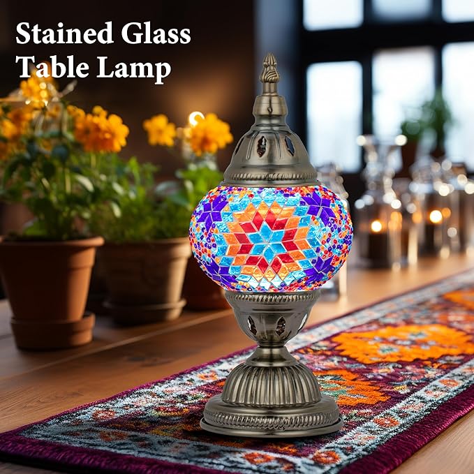 Marrakech Stained Glass Lamp Moroccan Lamps with Tiffany Style, Handmade Turkish Mosaic Lamps with Bronze Base Including LED Bulb for Living Room Bedroom Decor (Colorful2)