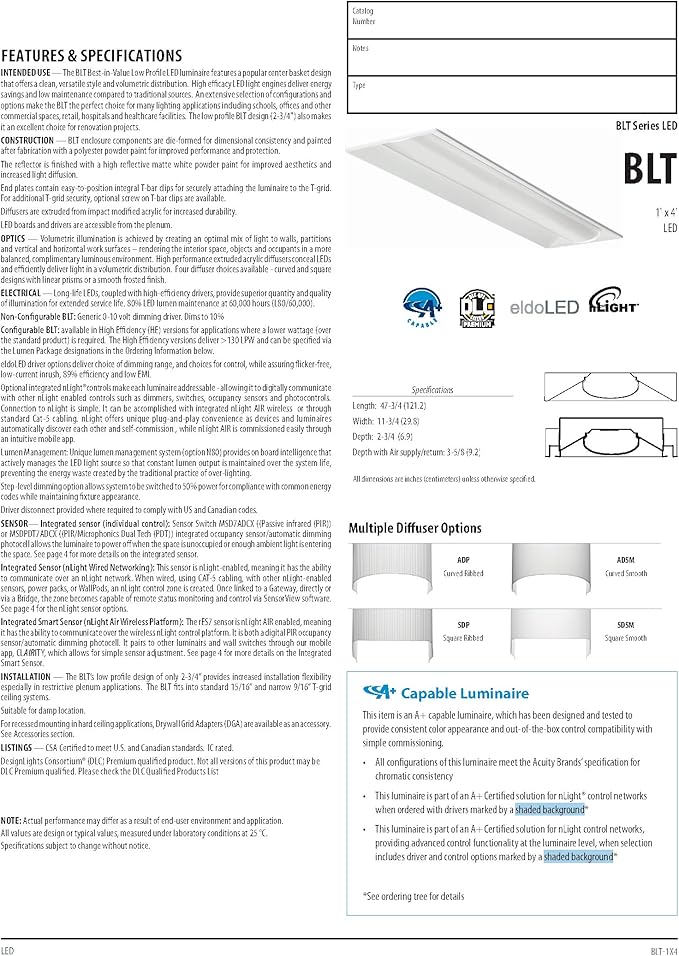 Lithonia Lighting BLT4 40L ADP LP840 Best-in-Value Low-Profile Recessed LED Troffer, 1' x 4'