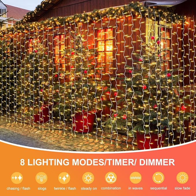THKFUL Fairy Curtain Lights,20 x6.6FT 408LED Warm White Curtain String Lights Plug in,Backdrop Hanging Fairy Lights Connectable,Waterproof Remote for Bedroom Balcony Garden