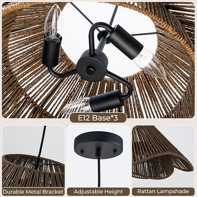 LumStory Dark Brown Rattan Pendant Light Fixture Farmhouse Boho Woven Rattan Chandelier for Dining Room, 3-Light Large Black Bohemian Rustic Wicker Ceiling Hanging Lamp Over Table for Kitchen Island