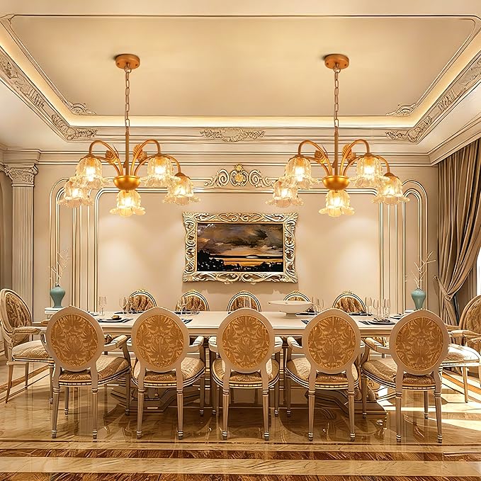 5-Light Vintage Chandeliers for Dining Room 25" Modern Gold Glass Chandelier Rustic Adjustable Pendant Light Fixture for Kitchen sland Living Room Bedroom