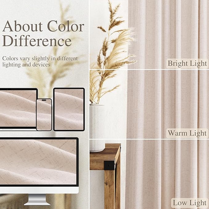 Nanspring Natural White Linen Curtains 108 Inches Long for Living Room Burlap Textured Neutral Farmhouse Sheer Curtains Back Tab Floor to Ceiling High Window Curtain for Bedroom 52x108, 2 Panels