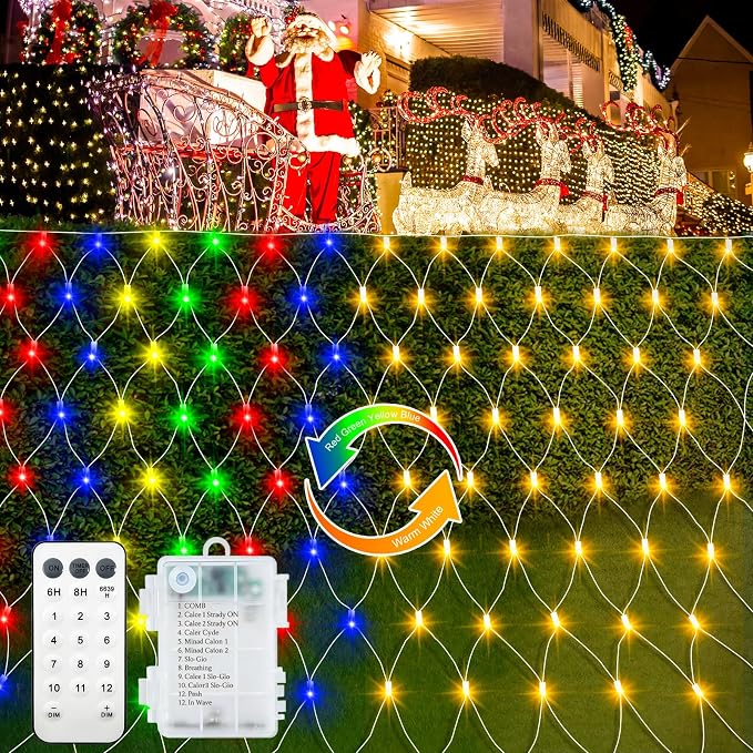 echosari Christmas Net Lights Battery Operated, Dual Color Changing 100 LED Bush Net Lights 5Ft x 5Ft Mesh Light with Remote for Wedding Garden Backyard Decor (Warm White & Multicolor)