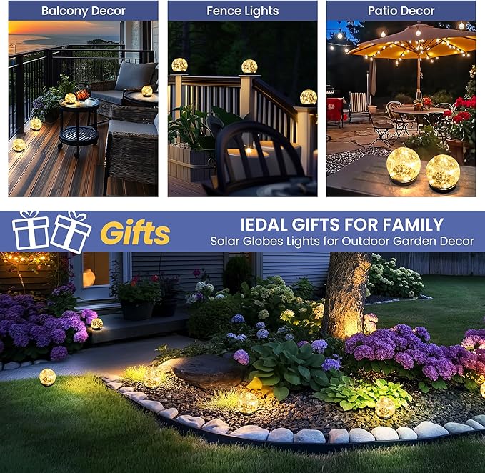 Solar Lights Outdoor for Yard Patio Porch, Garden Decor Birthday Gifts for Mom Women, Solar Globe Lights Waterproof Cracked Glass Ball Outdoor Decorations Balcony Backyard (2 Pack Warm White)