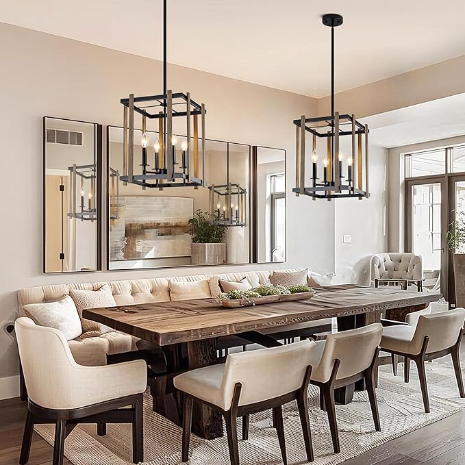 4-Light Farmhouse Chandelier Faux Wood Chandeliers Dining Room Light Fixture Adjustable Rustic Cage Pendant Light Fixtures for Kitchen Island Entryway Bedroom