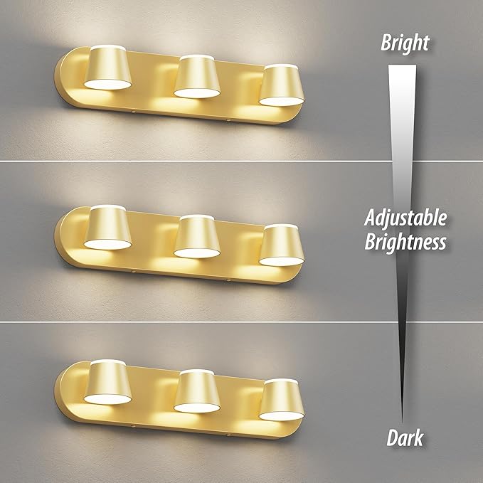 URSOLA 3 Light Bathroom Vanity Light, LED Gold Wall Light Fixtures, Up and Down Rotatable Dimmable 20 inch Bathroom Lighting Fixtures Over Mirror