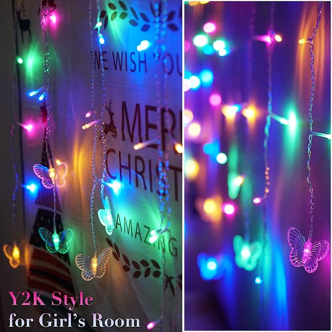 Curtain Butterfly String Light 20Ft 120LED Window USB Fairy Lights 24 Butterfly 8 Modes with Remote Control for Room Bedroom Patio Party Wedding Holiday Christmas Decoration (Pastel)