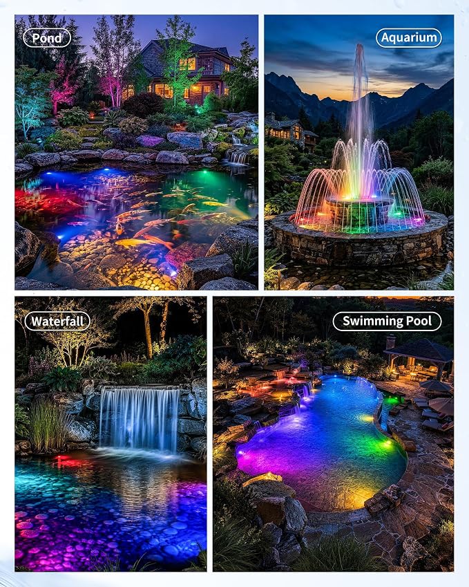 POPOSOAP 4W Solar Pond Lights with Remote Control, RGB Multi-Color Underwater Solar Lights with Timer & Memory Function for Pond, Fountain, Pool, Garden, Aquarium(3 Headlamp)-P64WC