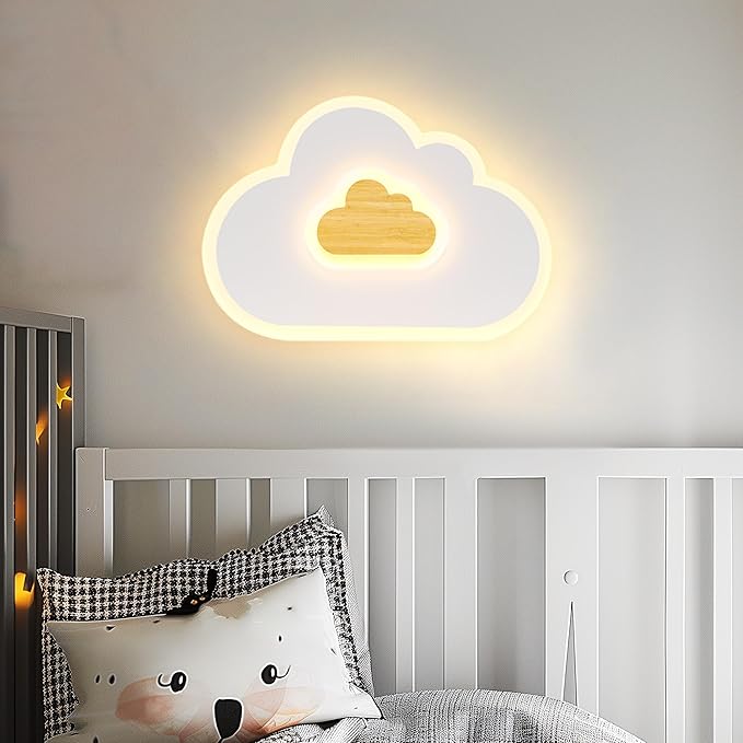 LED Wood Cloud Cartoon Kids Ceiling Light 23.62in - 3000-6500K with Nightlight - Bedroom Nursery Lamps for Girls & Boys