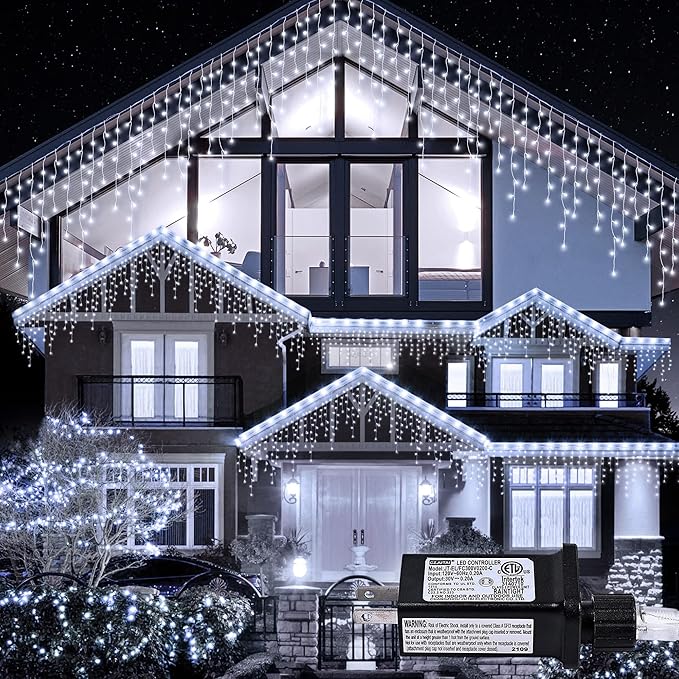 Icicle Lights Outdoor Decorations 300 LED 33ft 8 Modes Curtain Fairy String Light with 50 Drops, LED String Light Indoor for Wedding Party Holiday Christmas Decorations,White