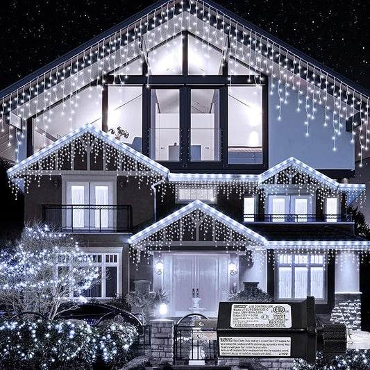 Icicle Lights Outdoor Decorations 300 LED 33ft 8 Modes Curtain Fairy String Light with 50 Drops, LED String Light Indoor for Wedding Party Holiday Christmas Decorations,White