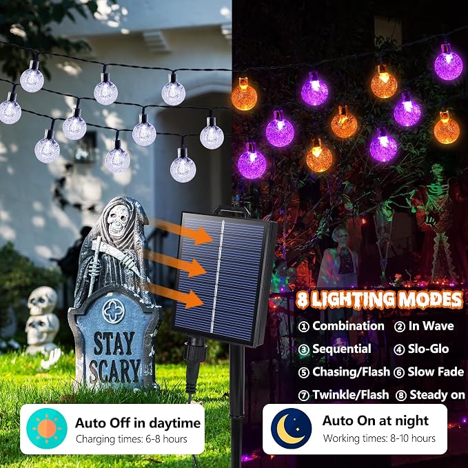 Joomer Orange Purple Halloween Solar String Light,65FT 100LED Crystal Globe | with 8 Lighting Modes,IP65 Waterproof Auto On/Off Solar Powered Lights for Garden Yard Outdoor Halloween Decor