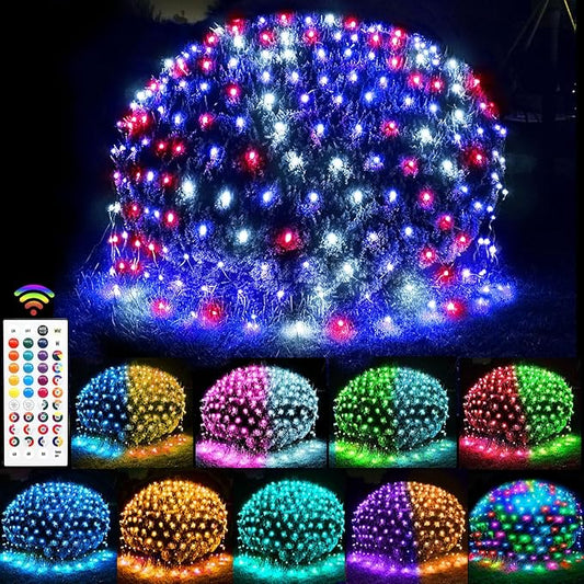 240 LED Net Lights, 35 Colors Changing 4th of July Net Lights Outdoor Clear Wire, 14.8ft x 5ft Connectable Red White Blue Mesh Lights for Bushes Christmas Halloween Holiday Party Hedge Patio Decor
