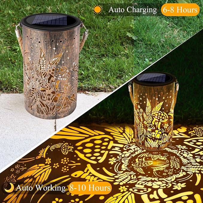 Toodour Solar Lantern Outdoor, Garden Gifts for Women Mom Grandma Hanging Solar Outdoor Lights Waterproof, Hollow Out Retro Metal Mushroom & Cricket Lights for Patio, Balcony, Walkway, Yard Decor