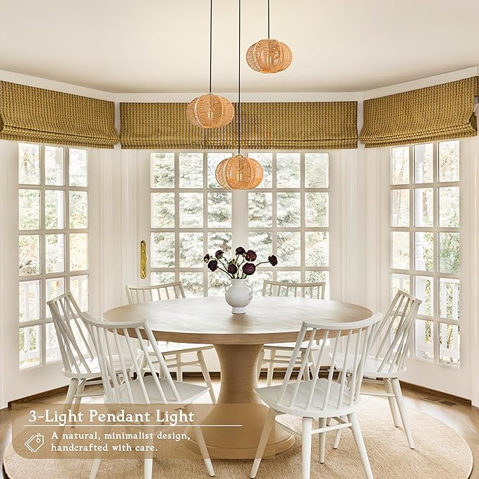 12" Boho Natural 3-Light Boho Chandeliers for Kitchen Island Hand-Woven Boho Rattan Chandeliers Dimmable Adjustable Hanging Chandelier for Dining Room Living Room Hallyway（Bulb Incl.