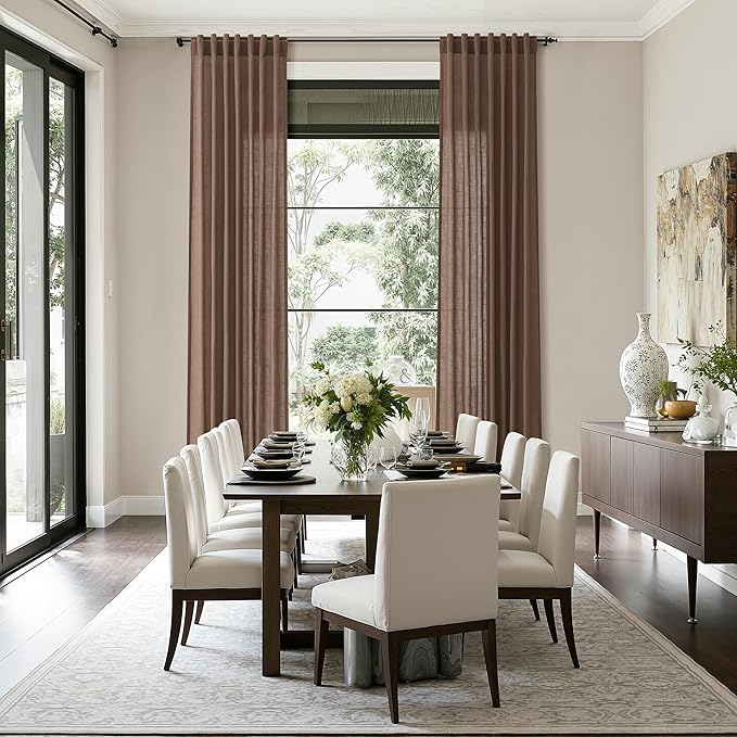 Caramel Brown Linen Curtains for Living Room Extra Long 144 Inches Long Back Tab Light Filtering Semi Sheer Curtain Vintage Rustic Decor Floor to Ceiling High Window for Bedroom 52x144, 2 Panels