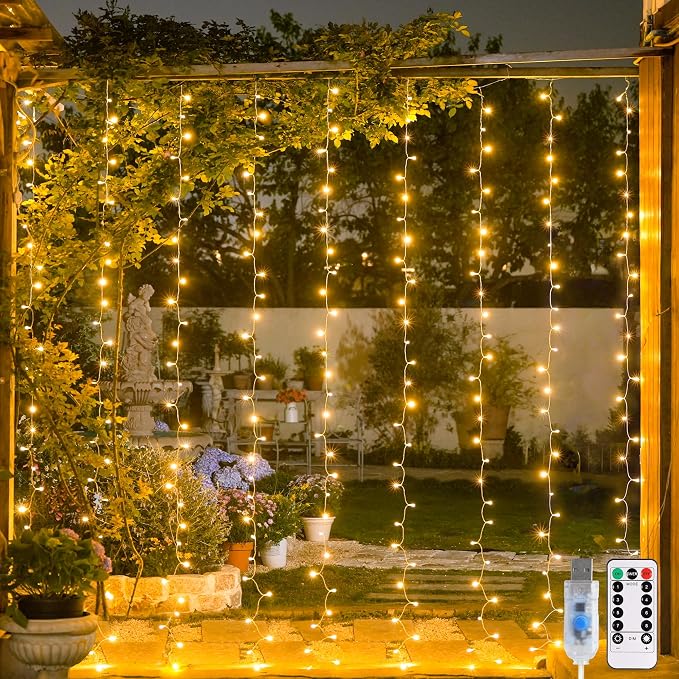 JMEXSUSS Curtain Lights 200 LED with 8 Modes | Remote Curtain Fairy Lights, USB String Lights, for Bedroom, for Classroom, for Wedding, 8 Modes, 6.5ftx6.5ft, Warm White