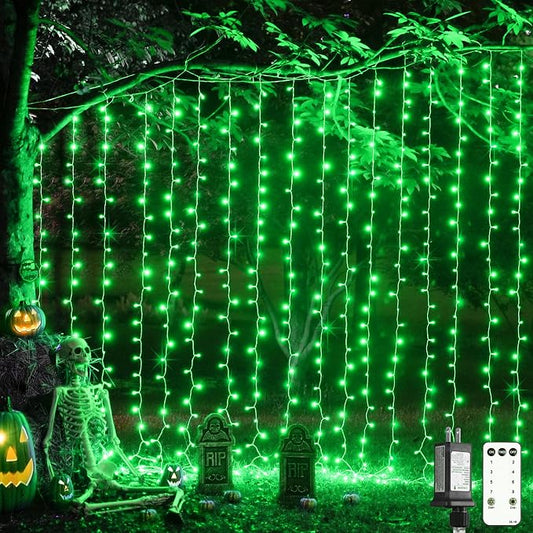 JMEXSUSS 300LED Halloween Hanging Curtain Lights With Remote, 9.8x9.8ft Indoor Plug-in, Green Christmas String Lights for Bedroom Wall Window Backdrop Outdoor Xmas Decor
