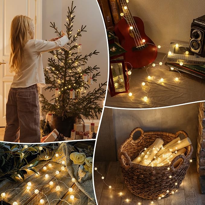 Globe String Lights,10FT 30 LED Decorative Christmas Lights,8 Modes Crystal Crackle Ball Lights,USB Twinkle Fairy Lights for Bedroom,Indoor,Outdoor,Classroom,Wedding,Party,Garden,Warm White