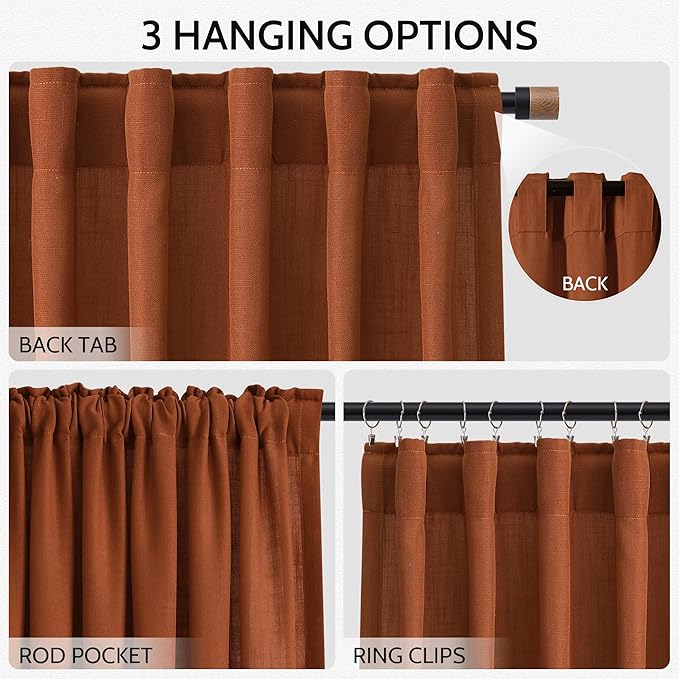 Nanspring Rust Linen Curtains 84 Inch Length 2 Panels Set for Living Room Light Filtering Semi Sheer Curtain Back Tab Rod Pocket Vintage Rustic Luxury Home Decor Drapes for Bedroom Office 52x84