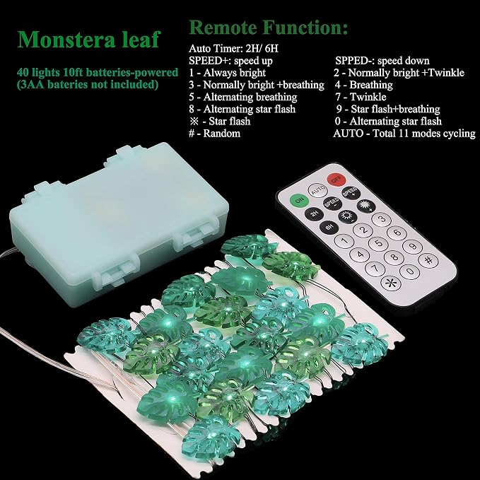 MIYA LIFE Summer Tropical Leaf Lights for Bedroom Battery - Operated Fairy Lights with Remote - Tropical Monstera Green Decor Acrylic Monstera Leaf Decor for Summer Party Home